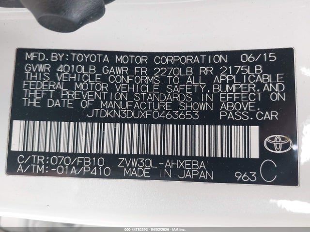 JTDKN3DUXF0463653 Toyota Prius Two
