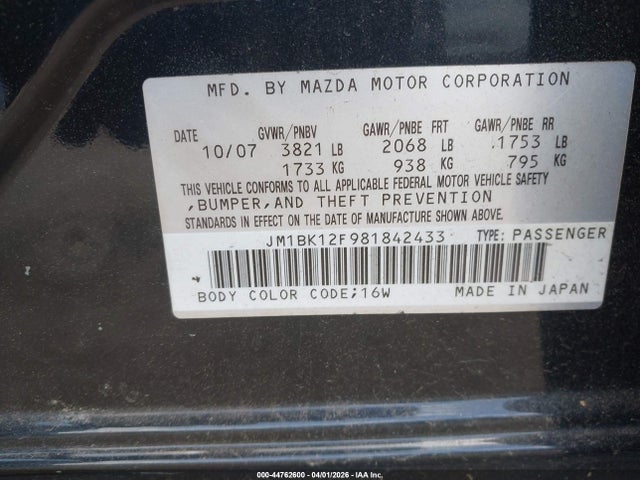 Продаж на аукціоні авто 2008 Mazda Mazda3 I, vin: JM1BK12F981842433, номер лоту: 44762600