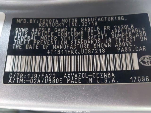 4T1B11HKXJU087218 Toyota CAMRY LE