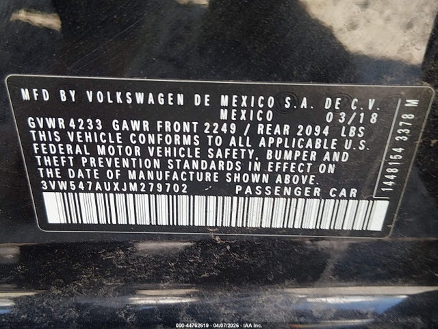44762619 :رقم المزاد ، 3VW547AUXJM279702 vin ، 2018 Volkswagen Golf Gti 2.0t Autobahn/2.0t S/2.0t Se مزاد بيع