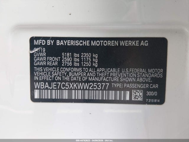 2019 Bmw 540i Xdrive მანქანა იყიდება აუქციონზე, vin: WBAJE7C5XKWW25377, აუქციონის ნომერი: 44762623