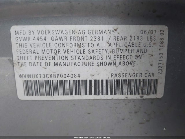 2008 Volkswagen Passat Turbo მანქანა იყიდება აუქციონზე, vin: WVWUK73CX8P004084, აუქციონის ნომერი: 44762624