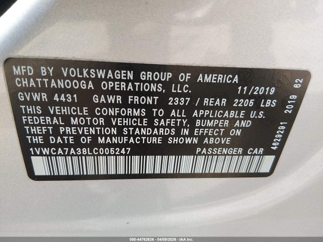 Продажа на аукционе авто 2020 Volkswagen Passat 2.0t Sel, vin: 1VWCA7A38LC005247, номер лота: 44762626