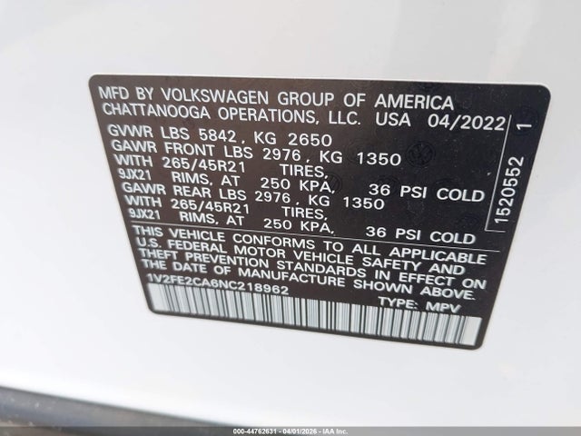 44762631 :رقم المزاد ، 1V2FE2CA6NC218962 vin ، 2022 Volkswagen Atlas Cross Sport 3.6l V6 Sel Premium R-line مزاد بيع