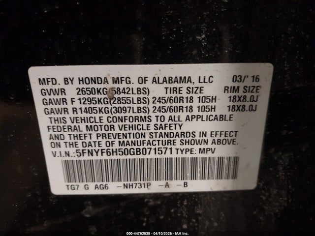 44762638 :رقم المزاد ، 5FNYF6H50GB071571 vin ، 2016 Honda Pilot Ex-l مزاد بيع