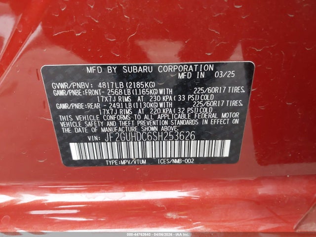 44762640 :رقم المزاد ، JF2GUHDC6SH253626 vin ، 2025 Subaru Crosstrek Premium مزاد بيع