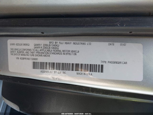 44762658 :رقم المزاد ، 4S3BP616977339061 vin ، 2007 Subaru Legacy 2.5i مزاد بيع
