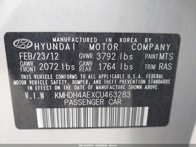 44762674 :رقم المزاد ، KMHDH4AEXCU463283 vin ، 2012 Hyundai Elantra Gls (ulsan Plant) مزاد بيع
