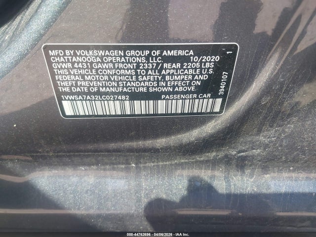 Aukcja sprzedaży 2020 Volkswagen Passat 2.0t Se, vin: 1VWSA7A32LC027482, numer aukcji: 44762696