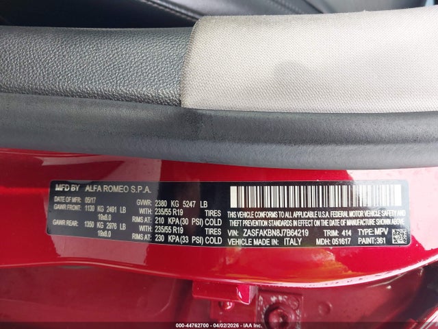 44762700 :رقم المزاد ، ZASFAKBN8J7B64219 vin ، 2018 Alfa Romeo Stelvio Ti Awd مزاد بيع