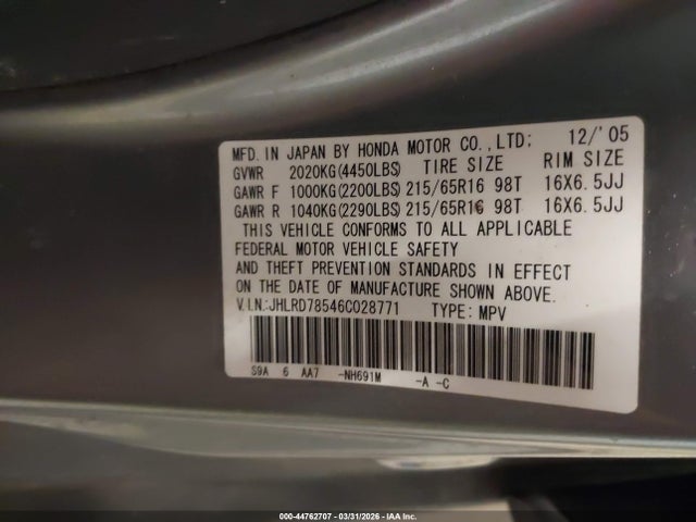 Продаж на аукціоні авто 2006 Honda Cr-v Lx, vin: JHLRD78546C028771, номер лоту: 44762707