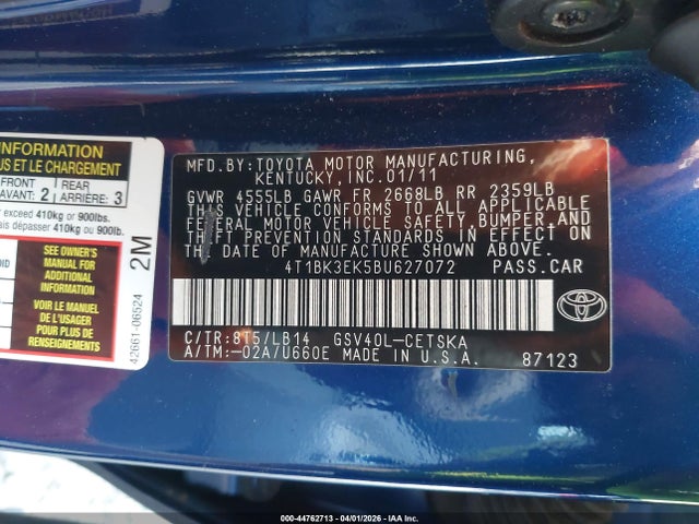 44762713 :رقم المزاد ، 4T1BK3EK5BU627072 vin ، 2011 Toyota Camry Se V6 مزاد بيع
