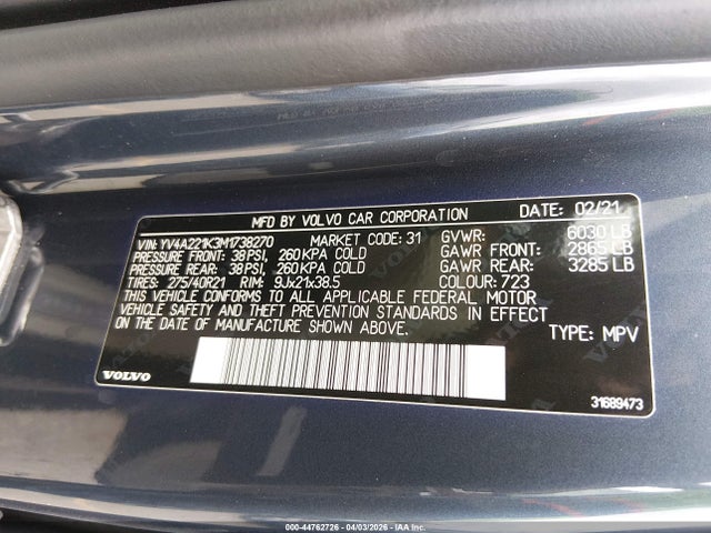 Aukcja sprzedaży 2021 Volvo Xc90 T6 Momentum 6 Passenger, vin: YV4A221K3M1738270, numer aukcji: 44762726