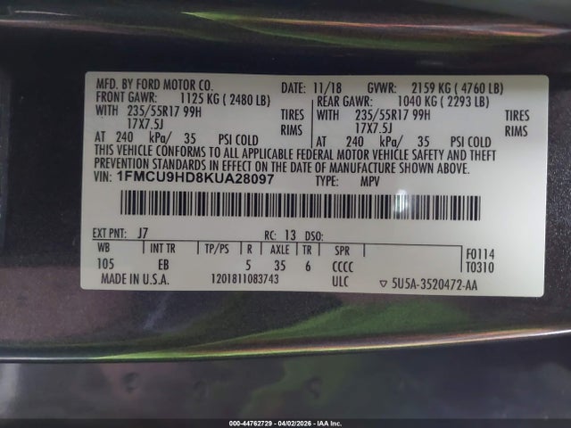 Продаж на аукціоні авто 2019 Ford Escape Sel, vin: 1FMCU9HD8KUA28097, номер лоту: 44762729