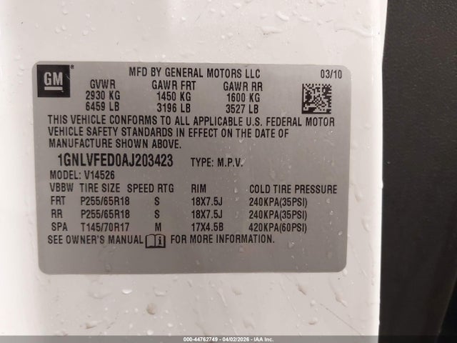 2010 Chevrolet Traverse Lt მანქანა იყიდება აუქციონზე, vin: 1GNLVFED0AJ203423, აუქციონის ნომერი: 44762749