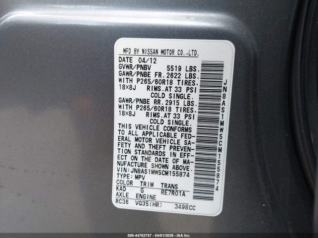 44762757 :رقم المزاد ، JN8AS1MW5CM155874 vin ، 2012 Infiniti Fx35 مزاد بيع