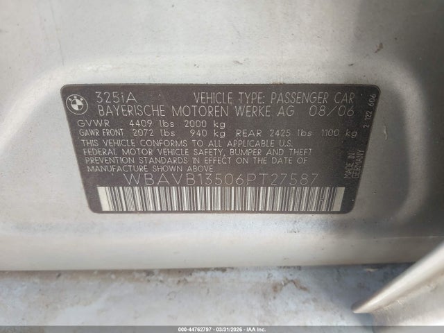 Продаж на аукціоні авто 2006 Bmw 325i, vin: WBAVB13506PT27587, номер лоту: 44762797