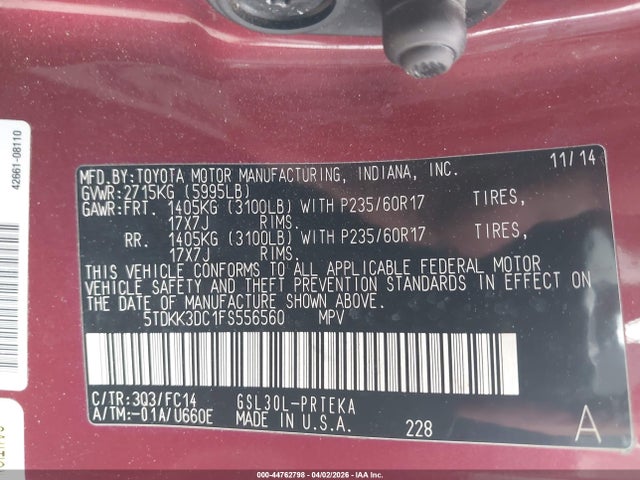 44762798 :رقم المزاد ، 5TDKK3DC1FS556560 vin ، 2015 Toyota Sienna Le 8 Passenger مزاد بيع