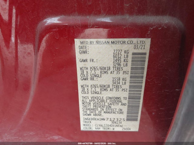 44762799 :رقم المزاد ، 1N6ED0EA1MN712325 vin ، 2021 Nissan Frontier Sv 4x2 مزاد بيع