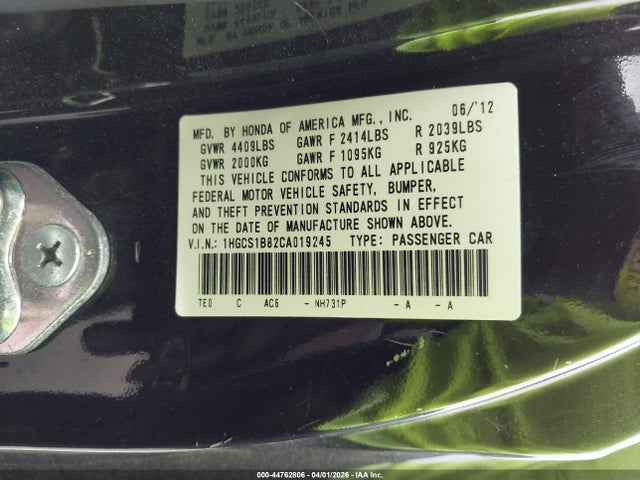 2012 Honda Accord 2.4 Ex-l მანქანა იყიდება აუქციონზე, vin: 1HGCS1B82CA019245, აუქციონის ნომერი: 44762806