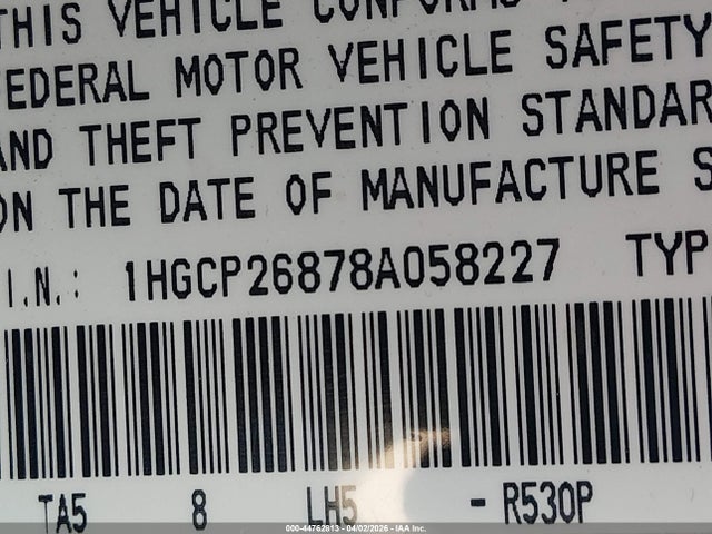 44762813 :رقم المزاد ، 1HGCP26878A058227 vin ، 2008 Honda Accord 2.4 Ex-l مزاد بيع
