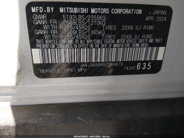 2024 Mitsubishi Outlander Se 2.5 2wd მანქანა იყიდება აუქციონზე, vin: JA4J3VA8XRZ066670, აუქციონის ნომერი: 44762822