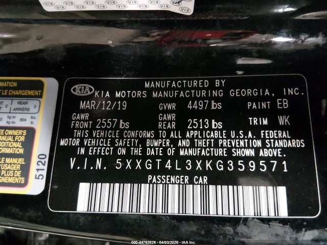 2019 Kia Optima Lx მანქანა იყიდება აუქციონზე, vin: 5XXGT4L3XKG359571, აუქციონის ნომერი: 44762826