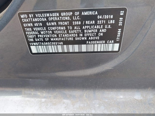 44762835 :رقم المزاد ، 1VWBT7A36GC053146 vin ، 2016 Volkswagen Passat 1.8t Se مزاد بيع