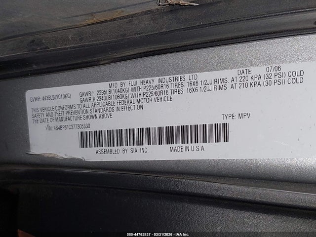 44762837 :رقم المزاد ، 4S4BP61C377305330 vin ، 2007 Subaru Outback 2.5i Basic مزاد بيع