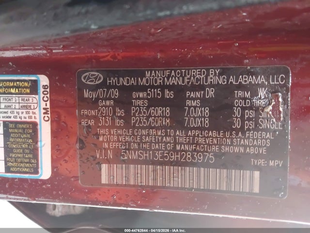 44762844 :رقم المزاد ، 5NMSH13E59H283975 vin ، 2009 Hyundai Santa Fe Limited مزاد بيع