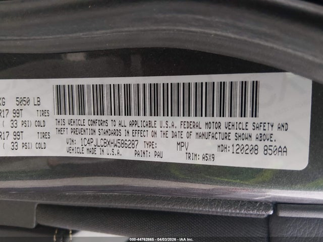 1C4PJLCBXHW586287 Jeep Cherokee Latitude Fwd