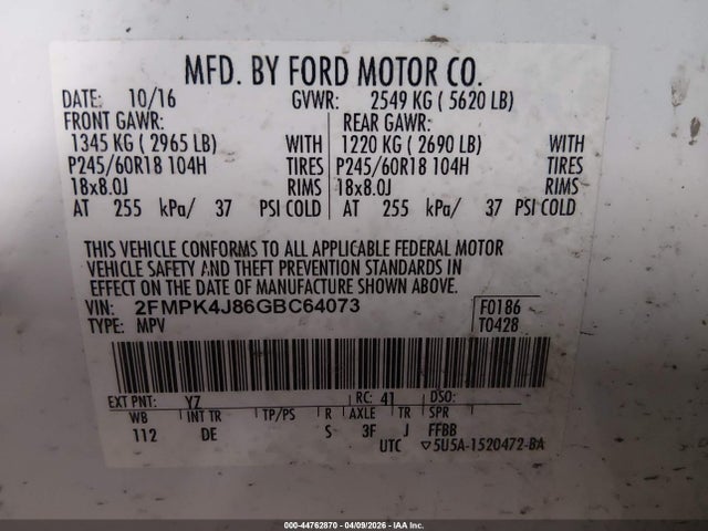 Aukcja sprzedaży 2016 Ford Edge Sel, vin: 2FMPK4J86GBC64073, numer aukcji: 44762870