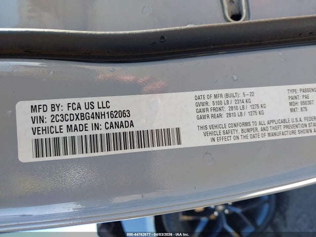 Продажа на аукционе авто 2022 Dodge Charger Sxt Rwd, vin: 2C3CDXBG4NH162063, номер лота: 44762877