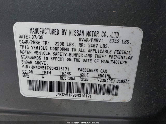 2005 Infiniti G35x მანქანა იყიდება აუქციონზე, vin: JNKCV51F95M316171, აუქციონის ნომერი: 44762884