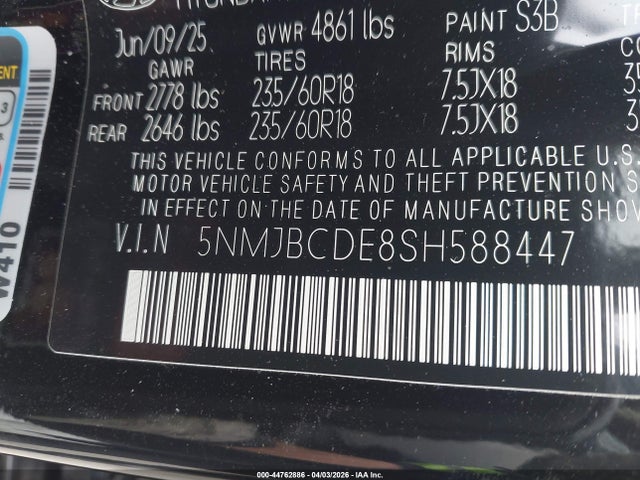 44762886 :رقم المزاد ، 5NMJBCDE8SH588447 vin ، 2025 Hyundai Tucson Sel مزاد بيع