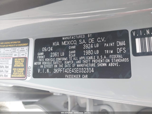 Aukcja sprzedaży 2025 Kia K4 Lxs, vin: 3KPFT4DE4SE032314, numer aukcji: 44762920