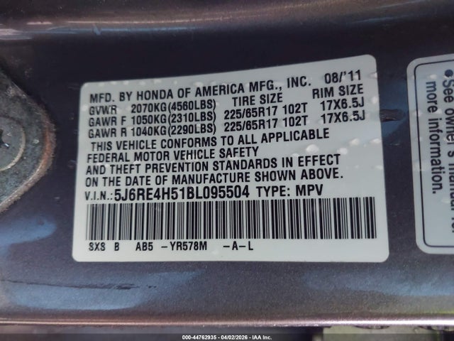 Продажа на аукционе авто 2011 Honda Cr-v Ex, vin: 5J6RE4H51BL095504, номер лота: 44762935