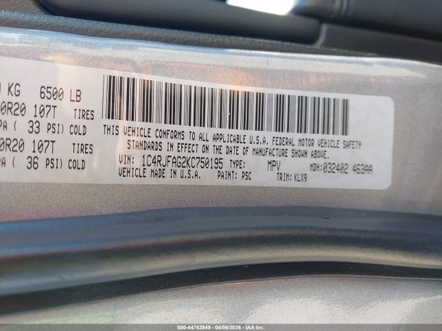 1C4RJFAG2KC750195 Jeep Grand Cherokee Altitude 4x4