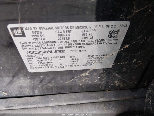 Aukcja sprzedaży 2017 Chevrolet Trax Lt, vin: 3GNCJPSB1HL167832, numer aukcji: 44762956
