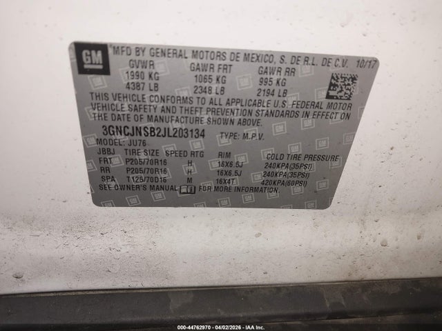 Aukcja sprzedaży 2018 Chevrolet Trax Ls, vin: 3GNCJNSB2JL203134, numer aukcji: 44762970