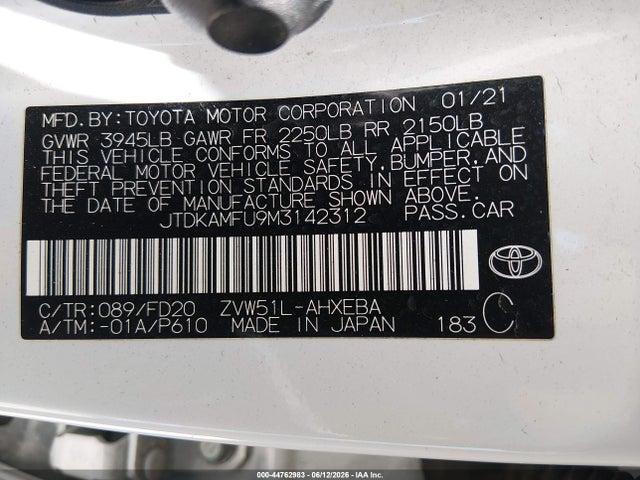 JTDKAMFU9M3142312 Toyota Prius Le