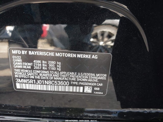 2022 Bmw 330i მანქანა იყიდება აუქციონზე, vin: 3MW5R1J01N8C53600, აუქციონის ნომერი: 44762988