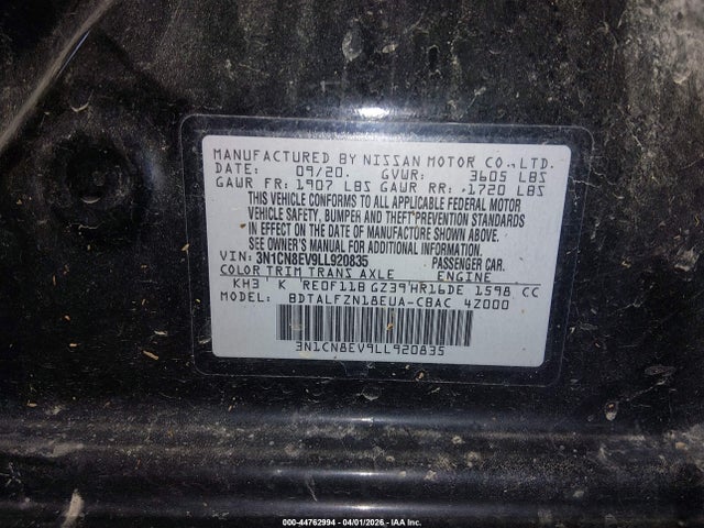 44762994 :رقم المزاد ، 3N1CN8EV9LL920835 vin ، 2020 Nissan Versa Sv Xtronic Cvt مزاد بيع