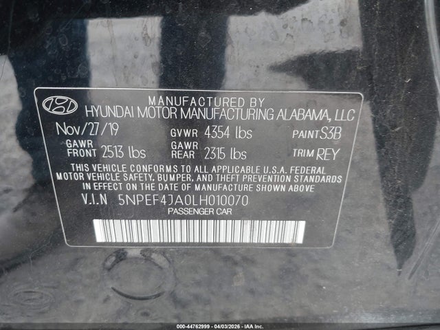 Продаж на аукціоні авто 2020 Hyundai Sonata Sel, vin: 5NPEF4JA0LH010070, номер лоту: 44762999