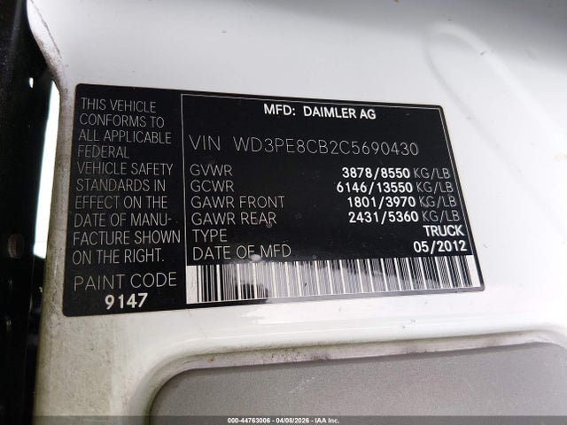 Aukcja sprzedaży 2012 Mercedes-benz Sprinter 2500 High Roof, vin: WD3PE8CB2C5690430, numer aukcji: 44763006