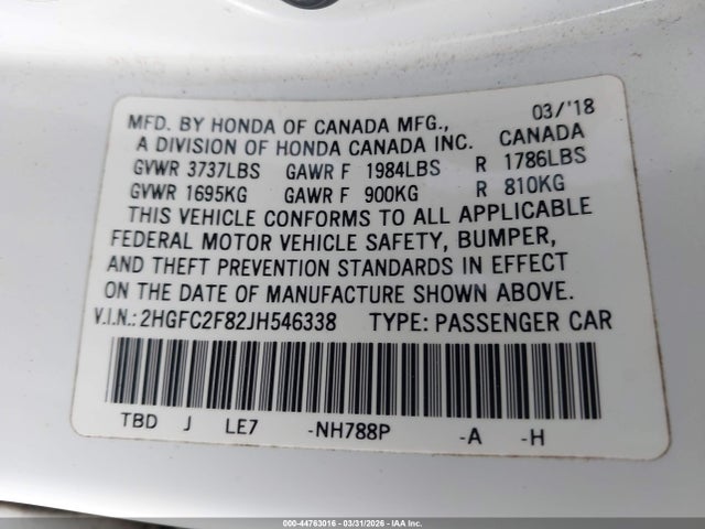 Honda CIVIC EX 2018 2HGFC2F82JH546338 Image 9