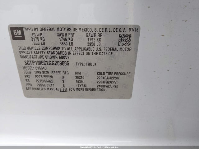 44763020 :رقم المزاد ، 3GTP1MEC2GG209686 vin ، 2016 Gmc Sierra 1500 Sle مزاد بيع