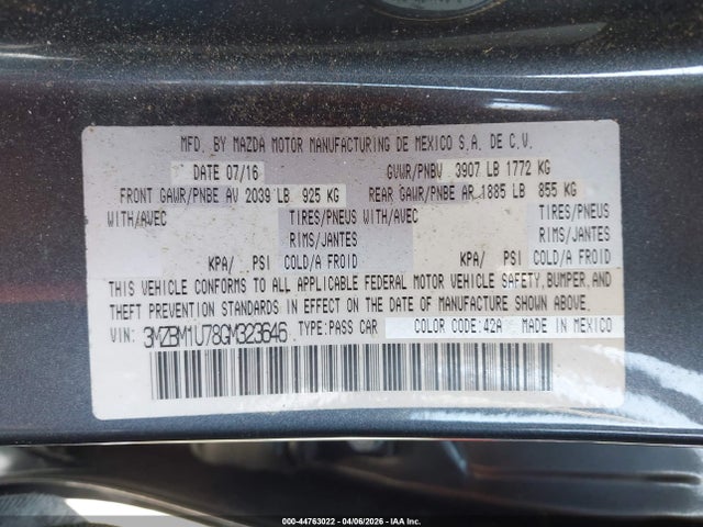 44763022 :رقم المزاد ، 3MZBM1U78GM323646 vin ، 2016 Mazda Mazda3 I Sport مزاد بيع