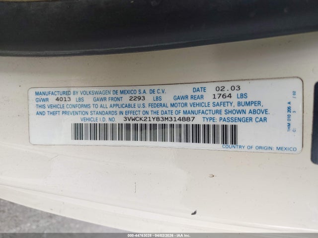 44763028 :رقم المزاد ، 3VWCK21Y83M314887 vin ، 2003 Volkswagen New Beetle Gls مزاد بيع