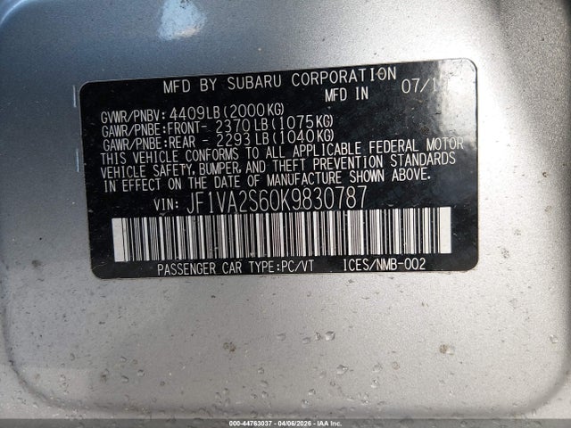 Продаж на аукціоні авто 2019 Subaru Wrx Sti, vin: JF1VA2S60K9830787, номер лоту: 44763037